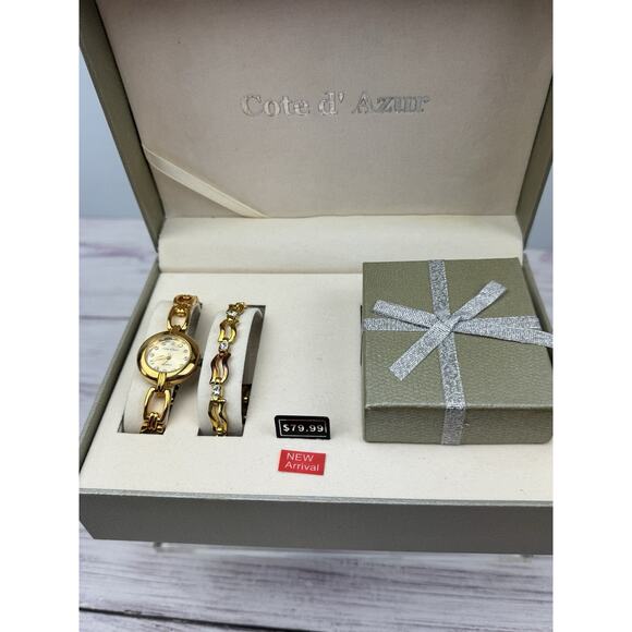 Cote d' Azur Women's 4-piece Gift Set Watch Bracelet Earrings Necklace Gold Tone - Picture 4 of 16